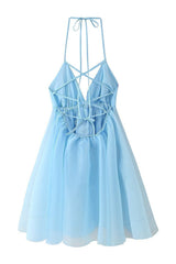 Blue V Neck A-line Short Dress