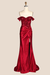 Off the Shoulder Red Appliques Ruched Dress