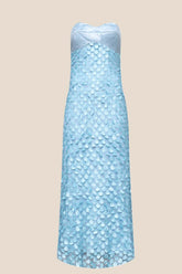 Blue Strapless Teardrop Lace Applique Long Dress