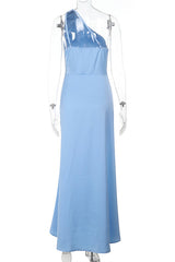 One Shoulder Blue Ruched Slit Long Dress
