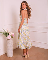 Sunlit Horizon Floral Halter Neck Midi Dress