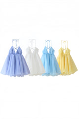 Blue V Neck A-line Short Dress