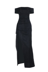 Black Folded Off the Shoulder Black Frill Dress