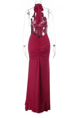 Burgubdy Halter Tie Long Mermaid Dress