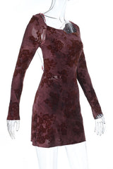 Burgundy Long Sleeves Floral Tight Short Dress