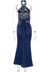Burgundy Satin Halter Fitted Long Dress