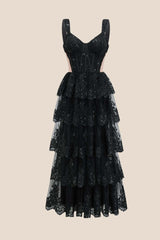 Pink Lace Appliques Ruffle A-line Formal Gown