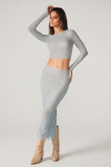 Embellished Low Rise Maxi Skirt in Aqua